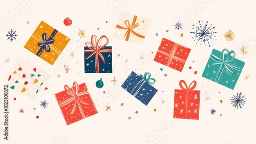 Christmas gifts in various shapes with fun, colorful designs and big bows, arranged in a playful pattern on a simple background for holiday cheer. Christmas, toys