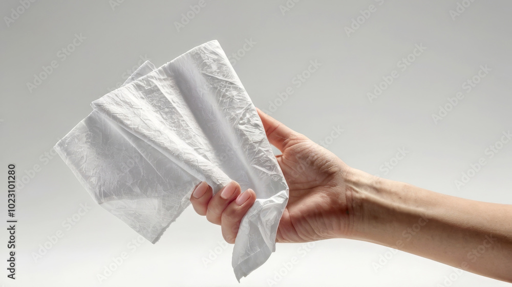 female hand holding white napkin. Cleaning. female hand holding white napkin. Cleaning.