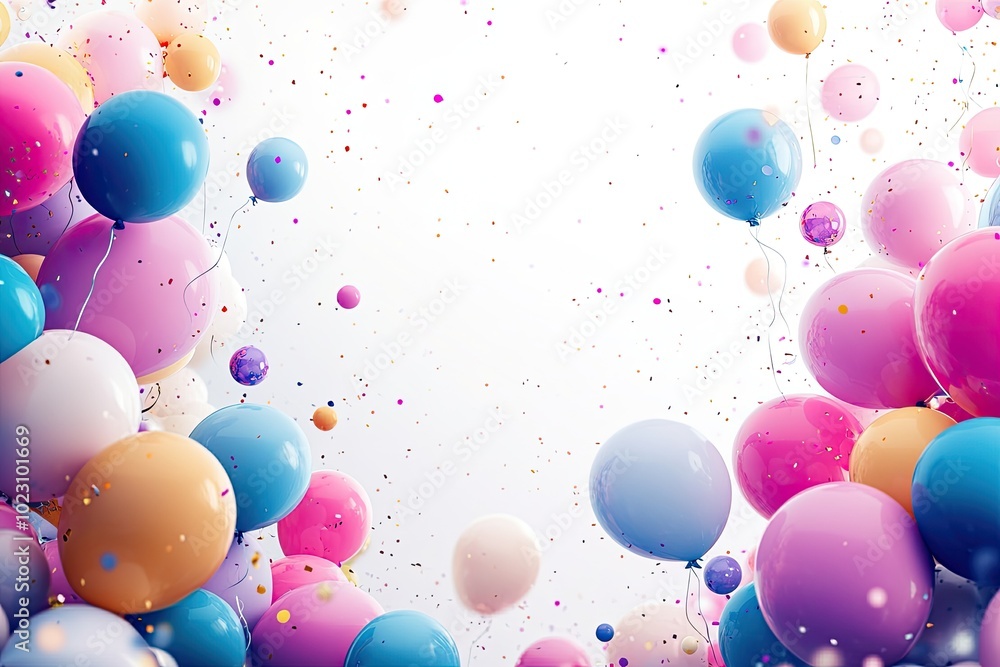 Colorful balloons and confetti float. This photo is perfect for birthday cards, party invitations, or any festive occasion. Colorful balloons and confetti float. This photo is perfect for birthday cards, party invitations, or any festive occasion.