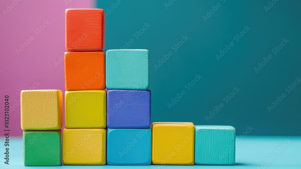 Colorful wooden blocks stacked in stepped pattern, on vibrant background Colorful wooden blocks stacked in stepped pattern, on vibrant background