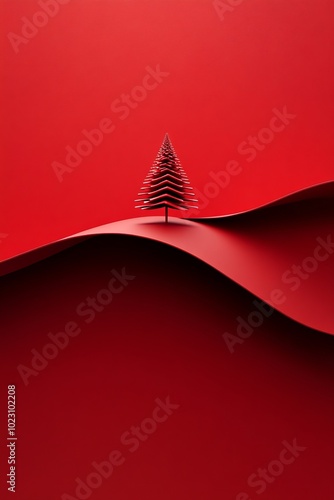 A minimalist red Christmas tree stands on a wavy red background, creating a modern and festive scene