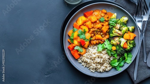 A vibrant bowl of vegetarian rice with colorful vegetables, garnished with fresh herbs, perfect for healthy meal inspiration. photo