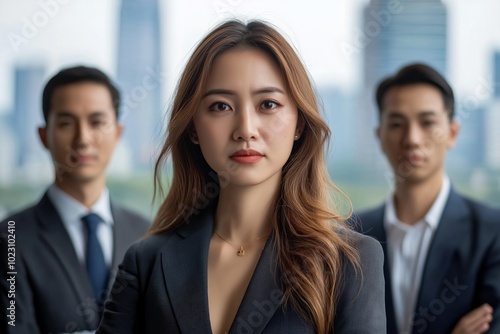 Three people are standing in a room. One woman is wearing a black suit and has her hands on her hips. business woman and team. Angry , serious mood. modrern office and tower view background