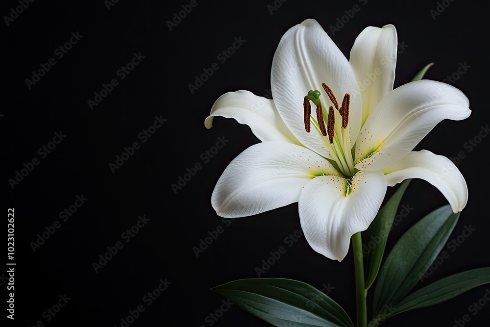 White lily on black background. Perfect for designs about purity, elegance and new beginnings. White lily on black background. Perfect for designs about purity, elegance and new beginnings.