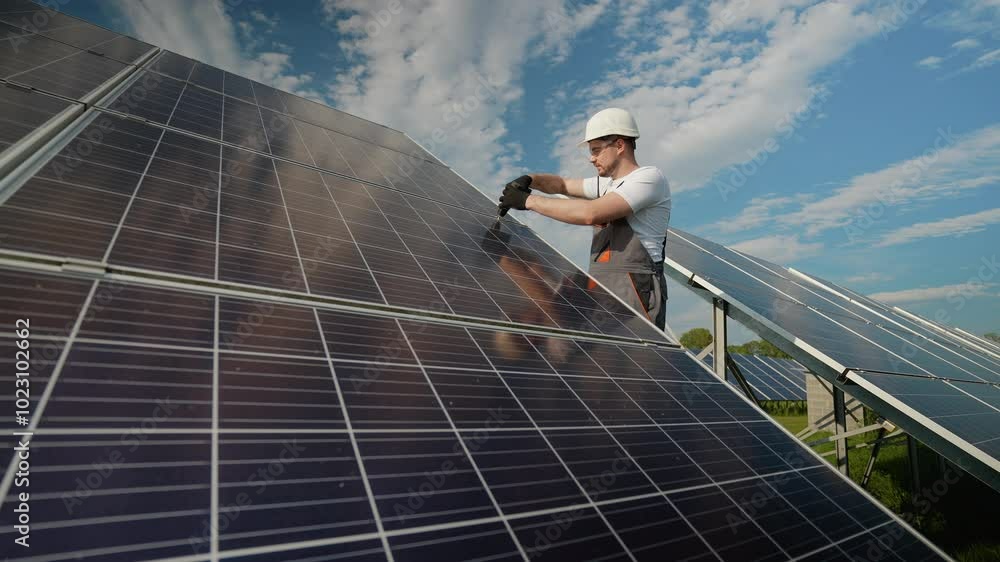 Engineer repairing solar panels with a drill under the sun Engineer repairing solar panels with a drill under the sun