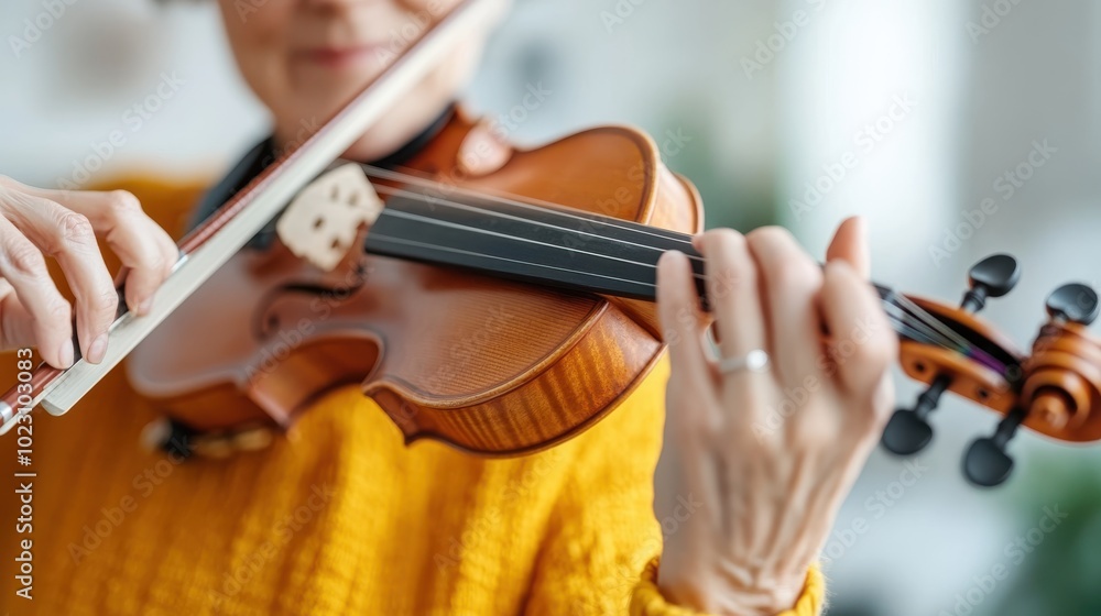 A person elegantly dressed in a yellow sweater focuses on playing a violin, capturing the intimate and expressive moment of music creation in an indoor setup. A person elegantly dressed in a yellow sweater focuses on playing a violin, capturing the intimate and expressive moment of music creation in an indoor setup.