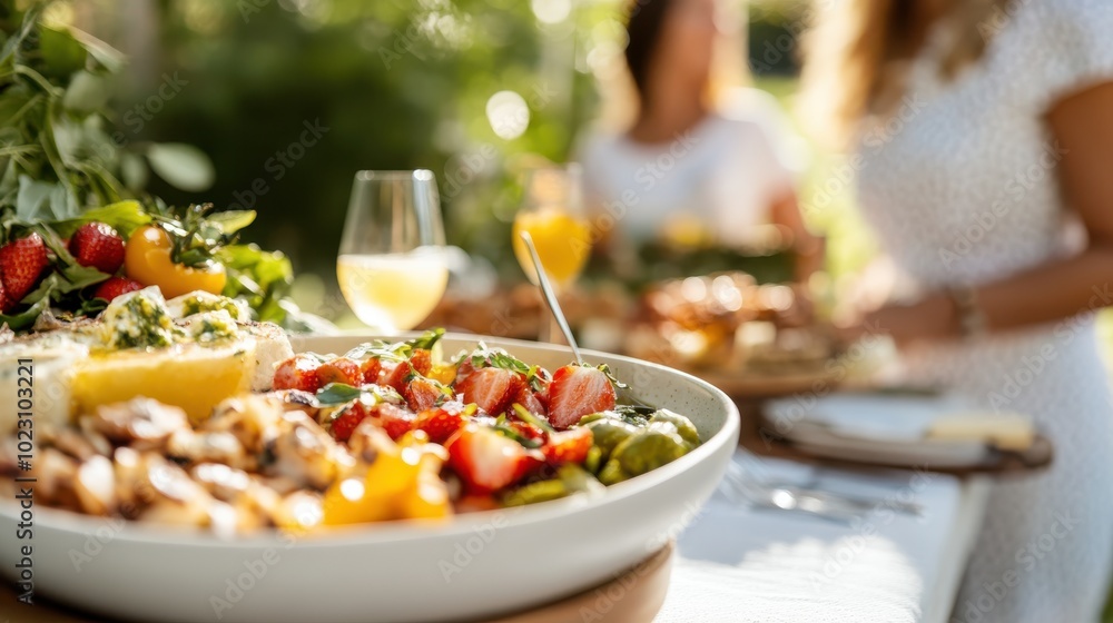A fresh salad loaded with strawberries and greens illuminated by sunlight takes center stage at an elegant brunch, evoking freshness and culinary excellence. A fresh salad loaded with strawberries and greens illuminated by sunlight takes center stage at an elegant brunch, evoking freshness and culinary excellence.