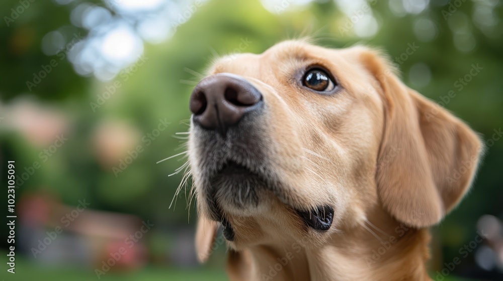 A sweet brown dog with an expressive face looks up eagerly in a lush green outdoor setting, capturing a moment of curiosity and playful anticipation in nature. A sweet brown dog with an expressive face looks up eagerly in a lush green outdoor setting, capturing a moment of curiosity and playful anticipation in nature.