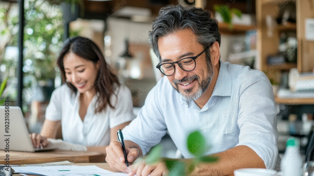 In a bright café, a man and woman collaborate happily, reviewing documents and enjoying a moment of teamwork and cooperation. Their expressions radiate joy and productivity. In a bright café, a man and woman collaborate happily, reviewing documents and enjoying a moment of teamwork and cooperation. Their expressions radiate joy and productivity.