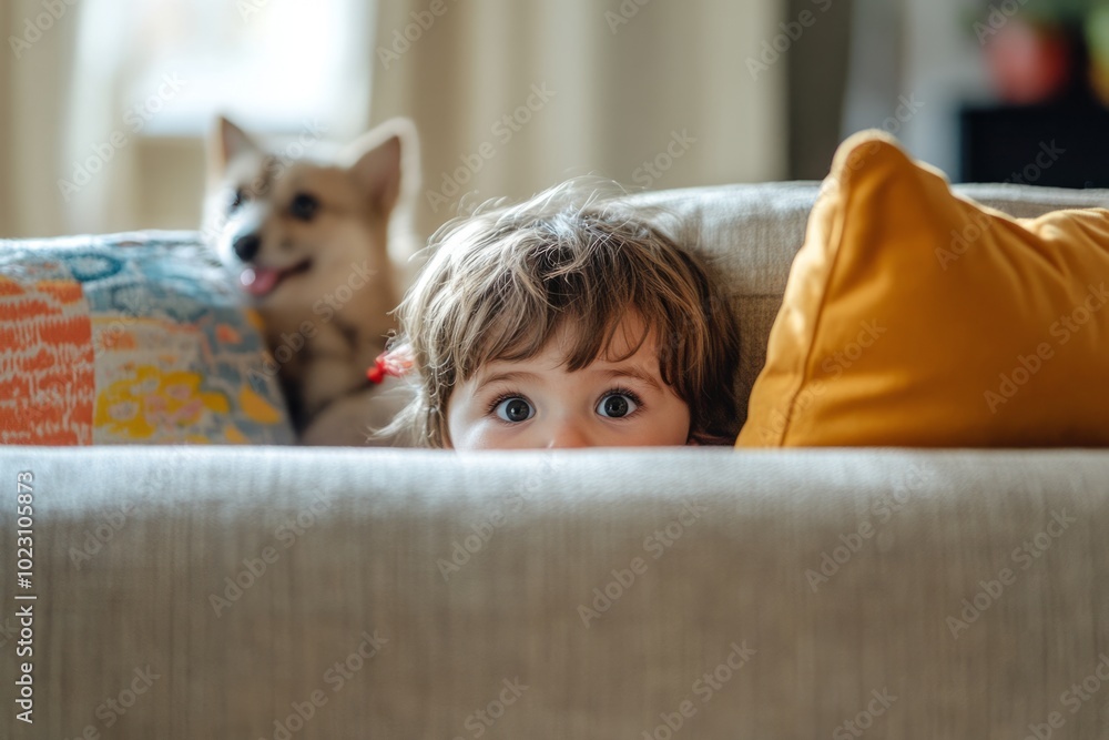 A curious child peeks over the couch with big bright eyes. A playful dog is present nearby, creating a warm and inviting atmosphere. This image captures innocence and joy. Generative AI A curious child peeks over the couch with big bright eyes. A playful dog is present nearby, creating a warm and inviting atmosphere. This image captures innocence and joy. Generative AI