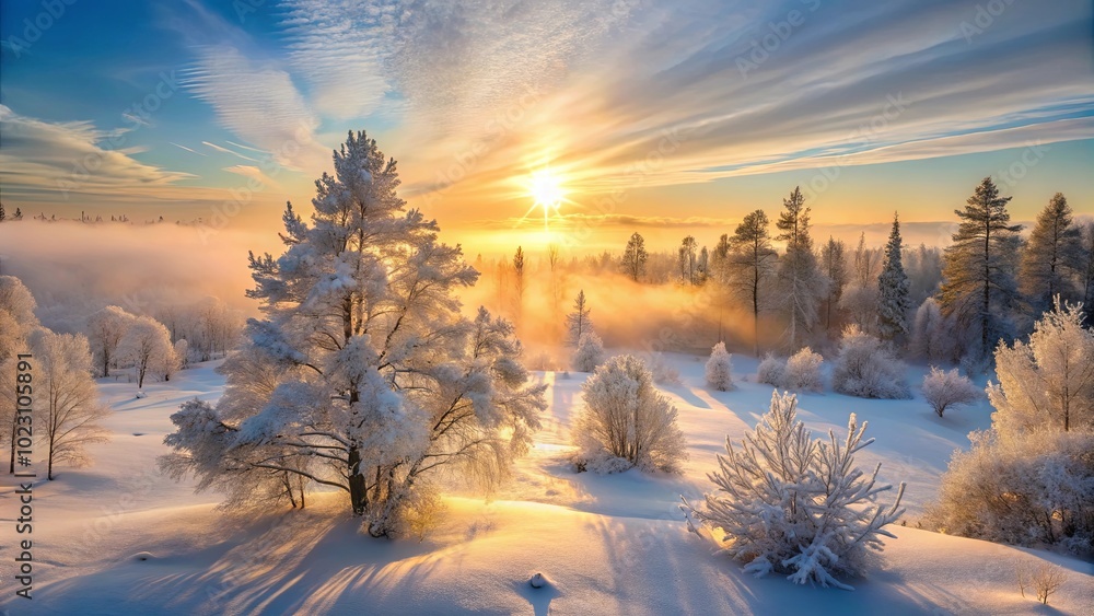 Φωτογραφία Golden Hour Frost A Frosty Forest bathed in the warm glow of the rising sun, casting long shadows across the snow-covered landscape, with trees adorned in a delicate layer of winter's embrace