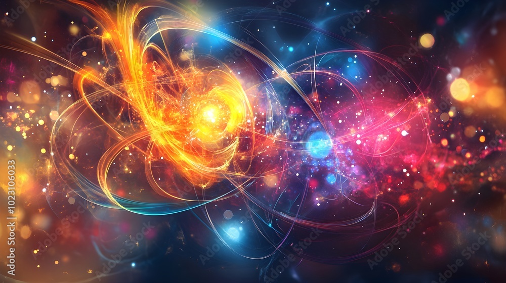 A detailed visualization of nuclear fission, capturing the moment of atomic splitting, with colorful particles and energy trails highlighted against a backdrop of abstract scientific elements A detailed visualization of nuclear fission, capturing the moment of atomic splitting, with colorful particles and energy trails highlighted against a backdrop of abstract scientific elements