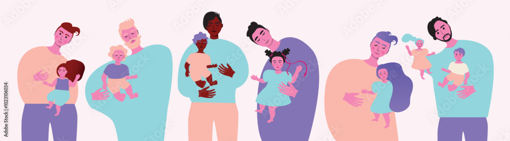 Tableau sur toile Isolated set with diverse fathers with children as parenthood concept, premium f