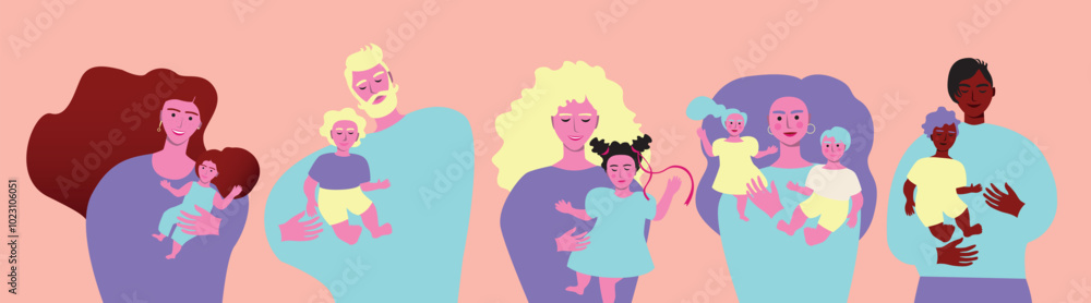 Isolated set with mothers and fathers with children as parenthood concept, flat vector stock illustration Isolated set with mothers and fathers with children as parenthood concept, flat vector stock illustration