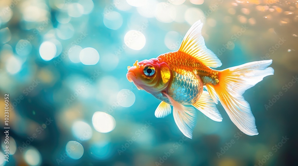 A single goldfish swims in a tank. This image represents a peaceful and serene atmosphere. A single goldfish swims in a tank. This image represents a peaceful and serene atmosphere.