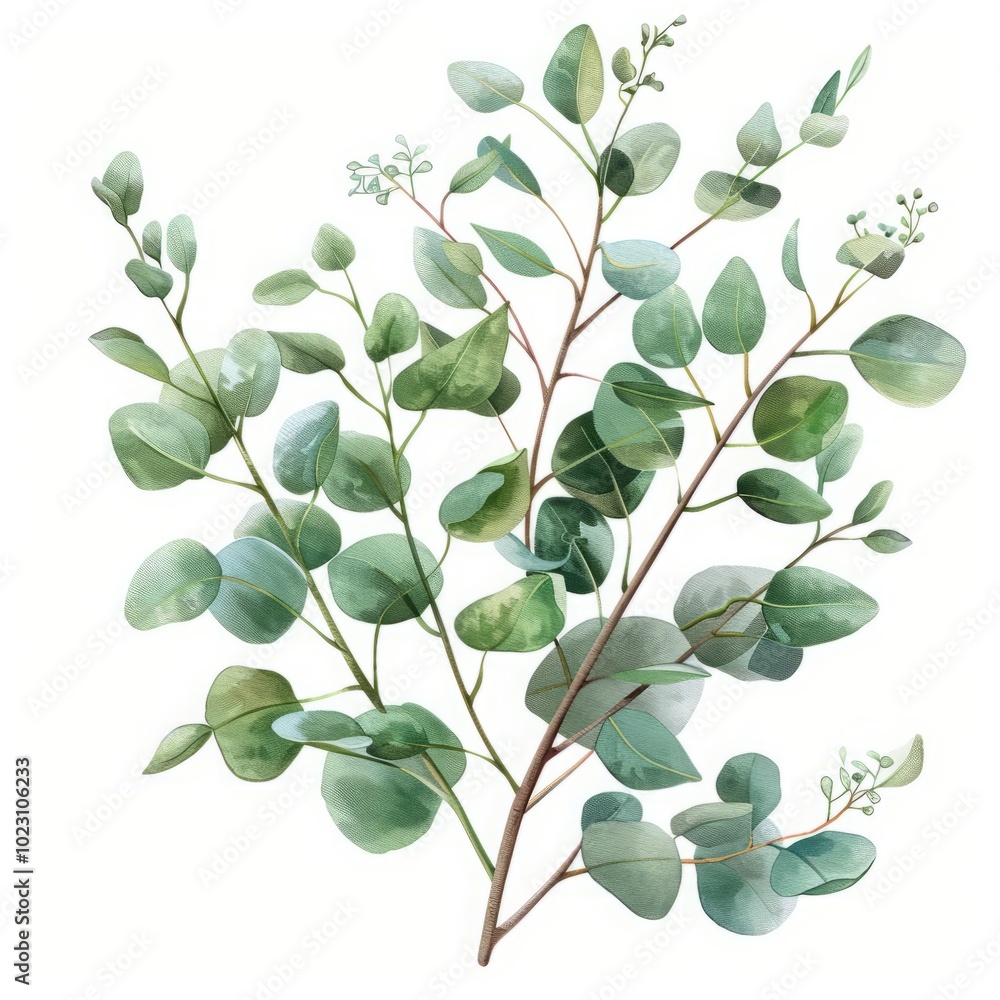 Watercolor eucalyptus branch on white background Watercolor eucalyptus branch on white background