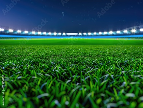 A vibrant green grass field illuminated by stadium lights, perfect for showcasing sports or outdoor activities at night. photo