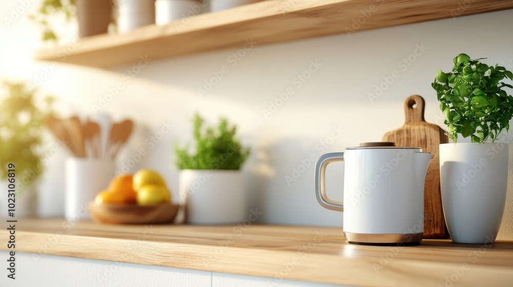 A tranquil kitchen setup showcasing a kettle, fresh herbs, and wooden shelves, blending natural elements with minimalist design and soft lighting for a serene feel. A tranquil kitchen setup showcasing a kettle, fresh herbs, and wooden shelves, blending natural elements with minimalist design and soft lighting for a serene feel.