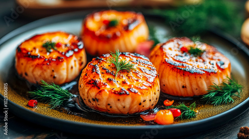 Gourmet seared scallops with herbs and peppers for fine dining presentation photo