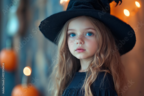 A little girl wearing a black witch hat and a black dress photo