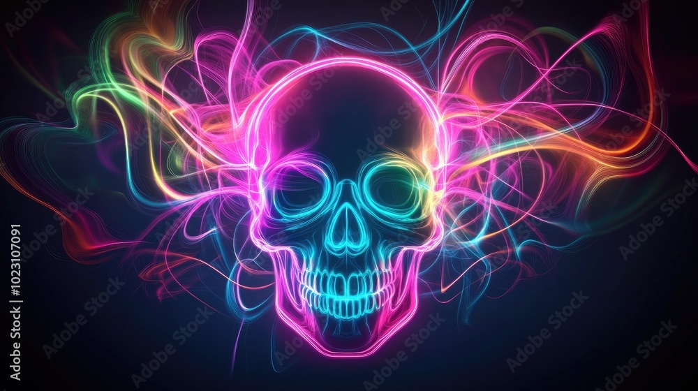 A vibrant neon skull design with colorful light trails, perfect for Halloween, art projects, or digital design themes. A vibrant neon skull design with colorful light trails, perfect for Halloween, art projects, or digital design themes.
