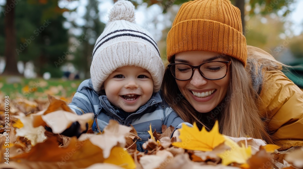 A cheerful scene of a mother and baby in knit hats surrounded by fallen autumn leaves, basking in the warmth and bliss of a sun-drenched day together. A cheerful scene of a mother and baby in knit hats surrounded by fallen autumn leaves, basking in the warmth and bliss of a sun-drenched day together.