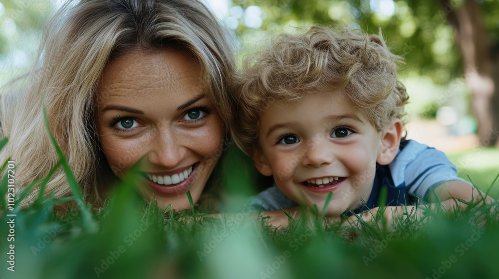A mother and her young son lie on the grass, sharing smiles and happiness in the warm outdoors, surrounded by lush greenery and sunshine. A mother and her young son lie on the grass, sharing smiles and happiness in the warm outdoors, surrounded by lush greenery and sunshine.