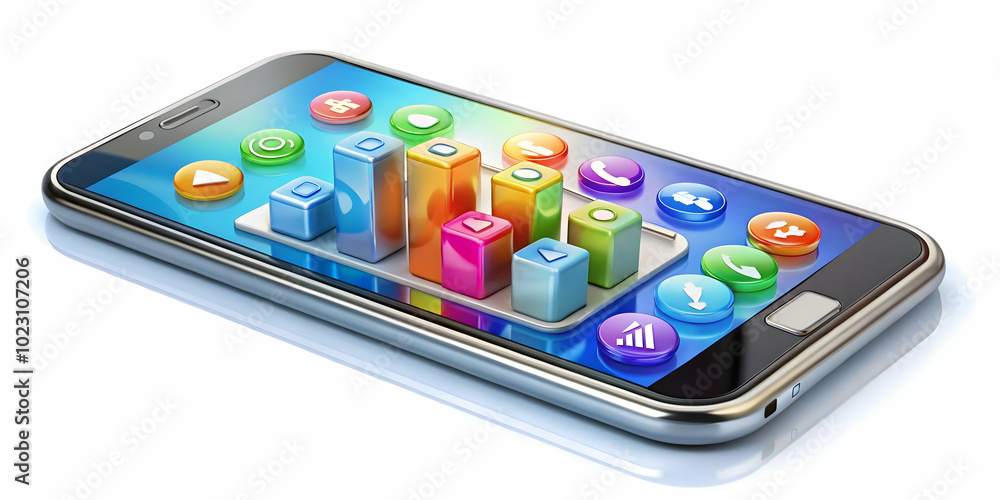 3D Glossy Smartphone Displaying Holographic Social Media Icons and Analytics - High Angle Shot with Clean White Background, Perfect for Marketing and Digital Media Concepts 3D Glossy Smartphone Displaying Holographic Social Media Icons and Analytics - High Angle Shot with Clean White Background, Perfect for Marketing and Digital Media Concepts