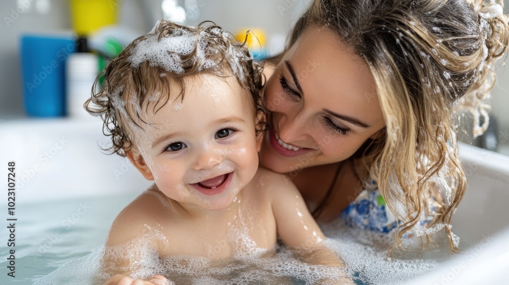A joyful mother and her young child share a delightful, bubbly bath moment, with smiles expressing warmth and love. The bonding experience is heartwarming and serene. A joyful mother and her young child share a delightful, bubbly bath moment, with smiles expressing warmth and love. The bonding experience is heartwarming and serene.