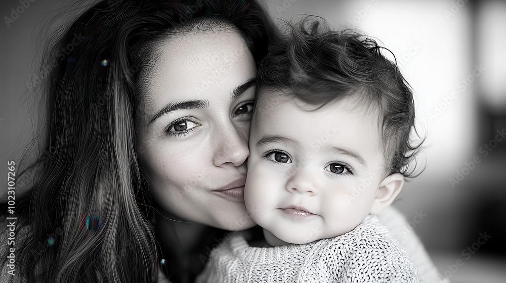 A touching black and white portrait of a mother tenderly holding her baby, capturing an intimate, timeless moment of love and maternal affection. A touching black and white portrait of a mother tenderly holding her baby, capturing an intimate, timeless moment of love and maternal affection.