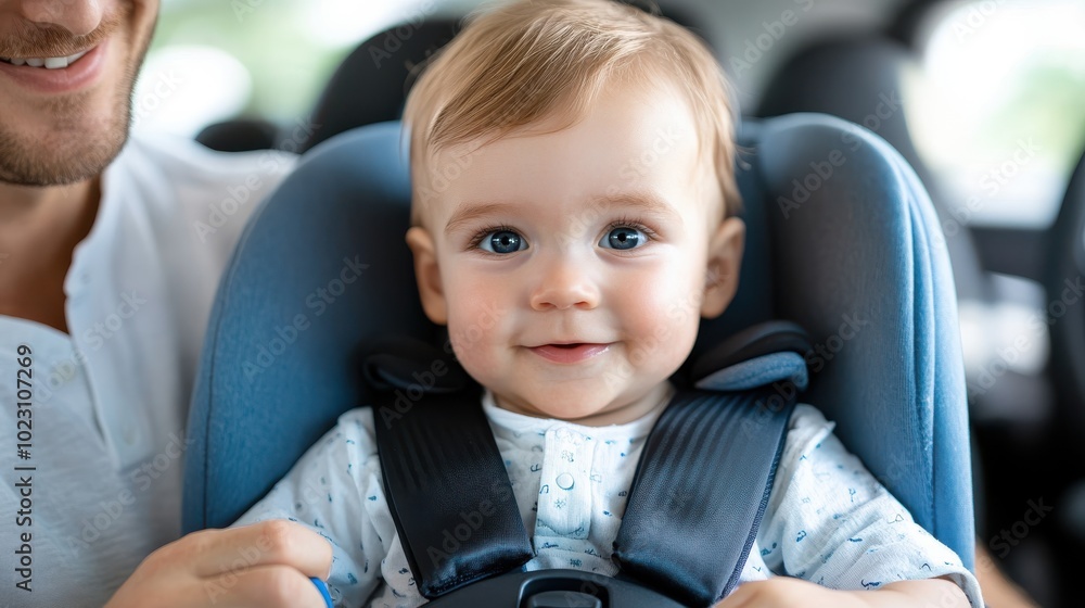 An adorable baby contentedly sits in a car seat, smiling up at a caring parent, symbolizing safety and warmth. This image captures a moment of pure familial happiness. An adorable baby contentedly sits in a car seat, smiling up at a caring parent, symbolizing safety and warmth. This image captures a moment of pure familial happiness.