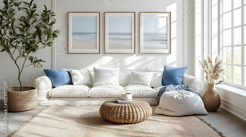 Cozy living room with beach-themed decor and natural elements.