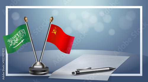 Saudi Arabia and USSR Small national flag on bokeh background, cooperative relationship