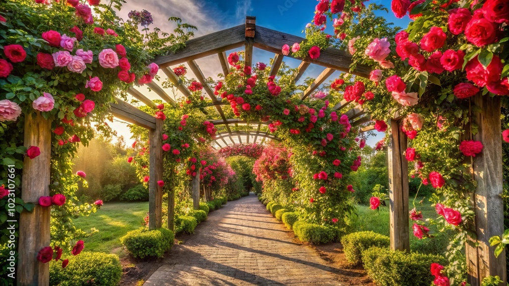 A Path Through A Blooming Rose Trellis, Bathed In Golden Sunlight, Leading Towards A Lush Greenery Filled Garden A Path Through A Blooming Rose Trellis, Bathed In Golden Sunlight, Leading Towards A Lush Greenery Filled Garden
