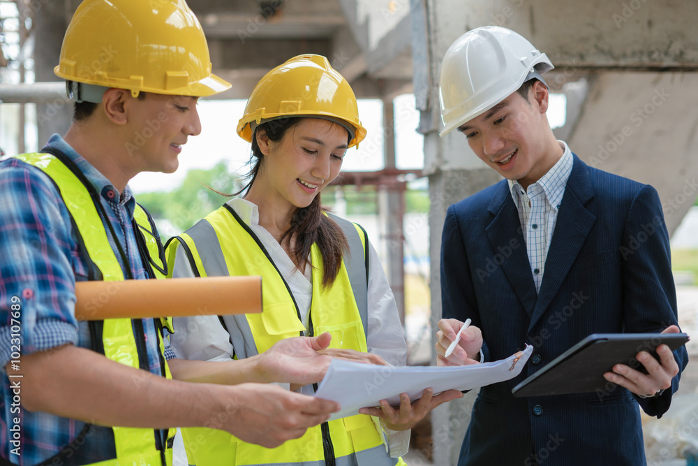 Construction engineers discussion with architects at construction site or building site. Construction engineers discussion with architects at construction site or building site.