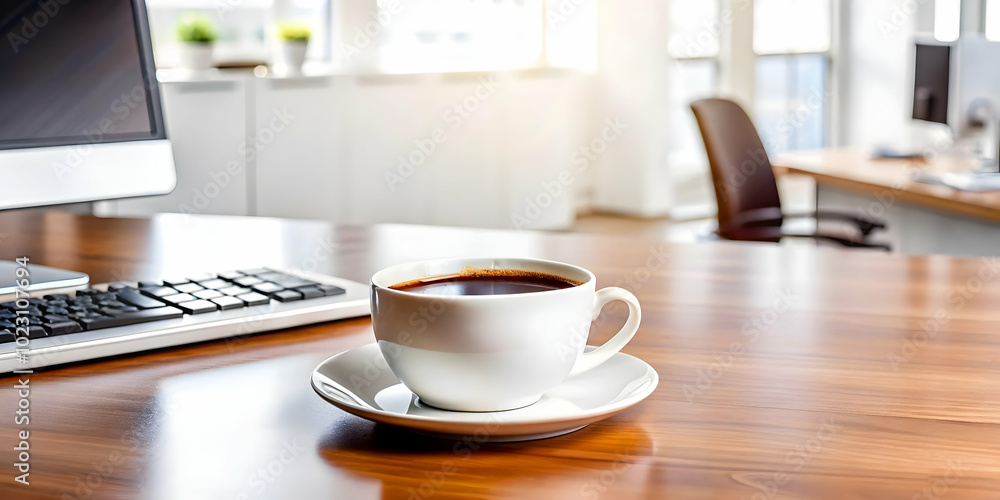 Glossy Coffee Cup on Polished Desk in Marketing Officer's Setup - High Angle Shot Enhancing Professional Atmosphere for Creative Marketing Environments Glossy Coffee Cup on Polished Desk in Marketing Officer's Setup - High Angle Shot Enhancing Professional Atmosphere for Creative Marketing Environments