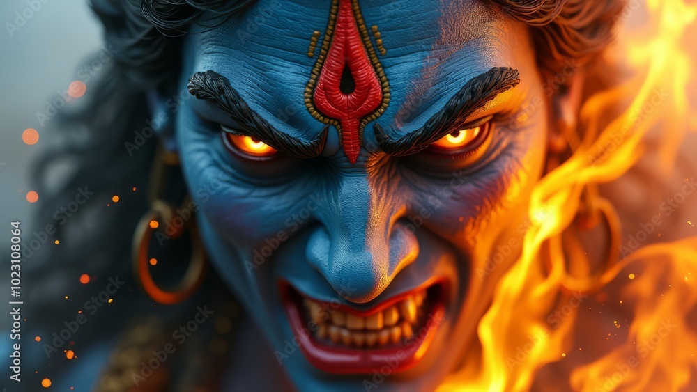 Close-up of a fierce mythical deity with glowing eyes and a fiery backdrop, embodying power and intense emotion. The vibrant colors highlight the drama and strength of the character. Close-up of a fierce mythical deity with glowing eyes and a fiery backdrop, embodying power and intense emotion. The vibrant colors highlight the drama and strength of the character.