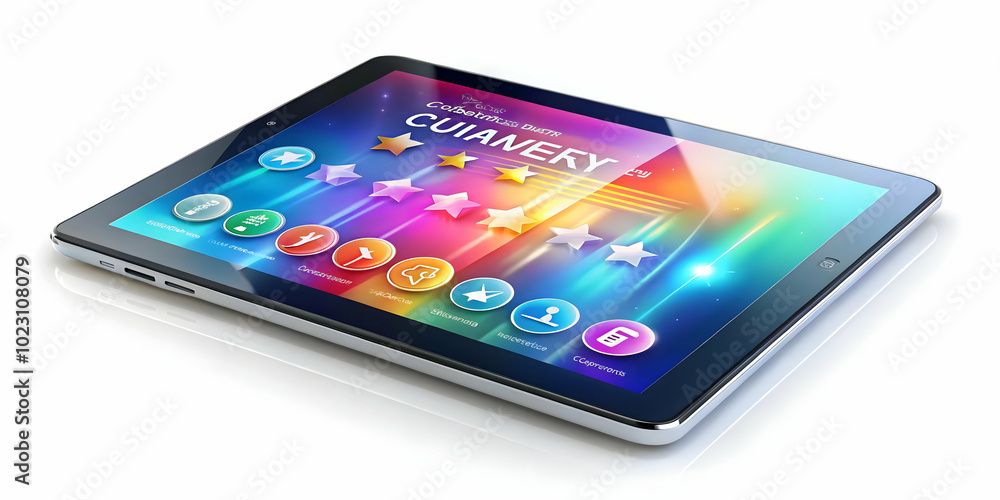 Glossy Tablet Displaying Holographic Product Icons and Customer Reviews - High Angle Shot Ideal for E-commerce Marketing Glossy Tablet Displaying Holographic Product Icons and Customer Reviews - High Angle Shot Ideal for E-commerce Marketing