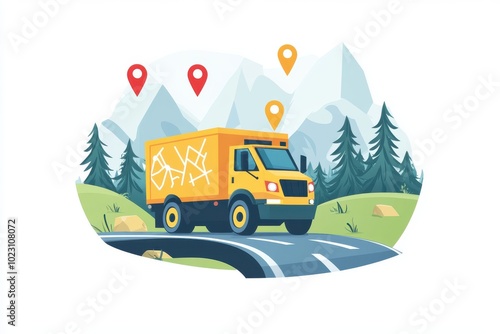 Yellow delivery truck with GPS tracking driving on the road through a snowy mountain landscape. photo