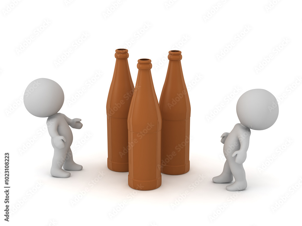 3D characters looking at some large beer bottles. Isolated on white background. 3D characters looking at some large beer bottles. Isolated on white background.
