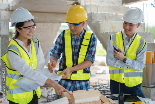 Construction engineers discussion with architects at construction site or building site.