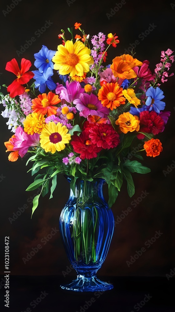 A vibrant bouquet of colorful flowers in an elegant blue glass vase, with bright orange and purple blossoms, green leaves, and yellow daisies A vibrant bouquet of colorful flowers in an elegant blue glass vase, with bright orange and purple blossoms, green leaves, and yellow daisies