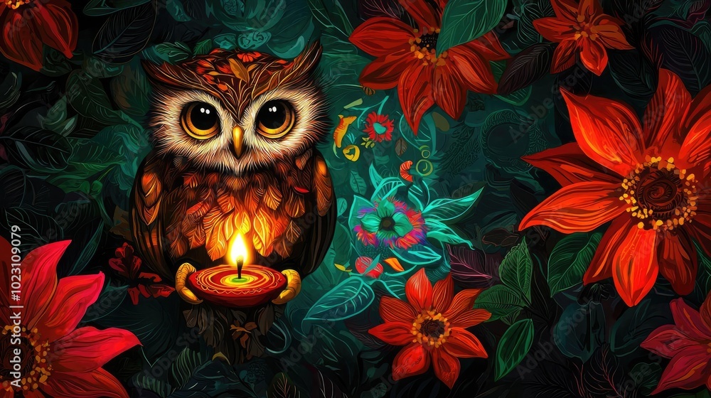 A colorful owl holding a candle surrounded by vibrant flowers, creating a warm and enchanting atmosphere for nature lovers. A colorful owl holding a candle surrounded by vibrant flowers, creating a warm and enchanting atmosphere for nature lovers.
