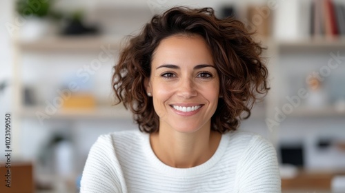 A woman with a short curly haircut is smiling in a white sweater, sitting in a bright, cozy room full of warmth and comfort, exuding happiness and peace.