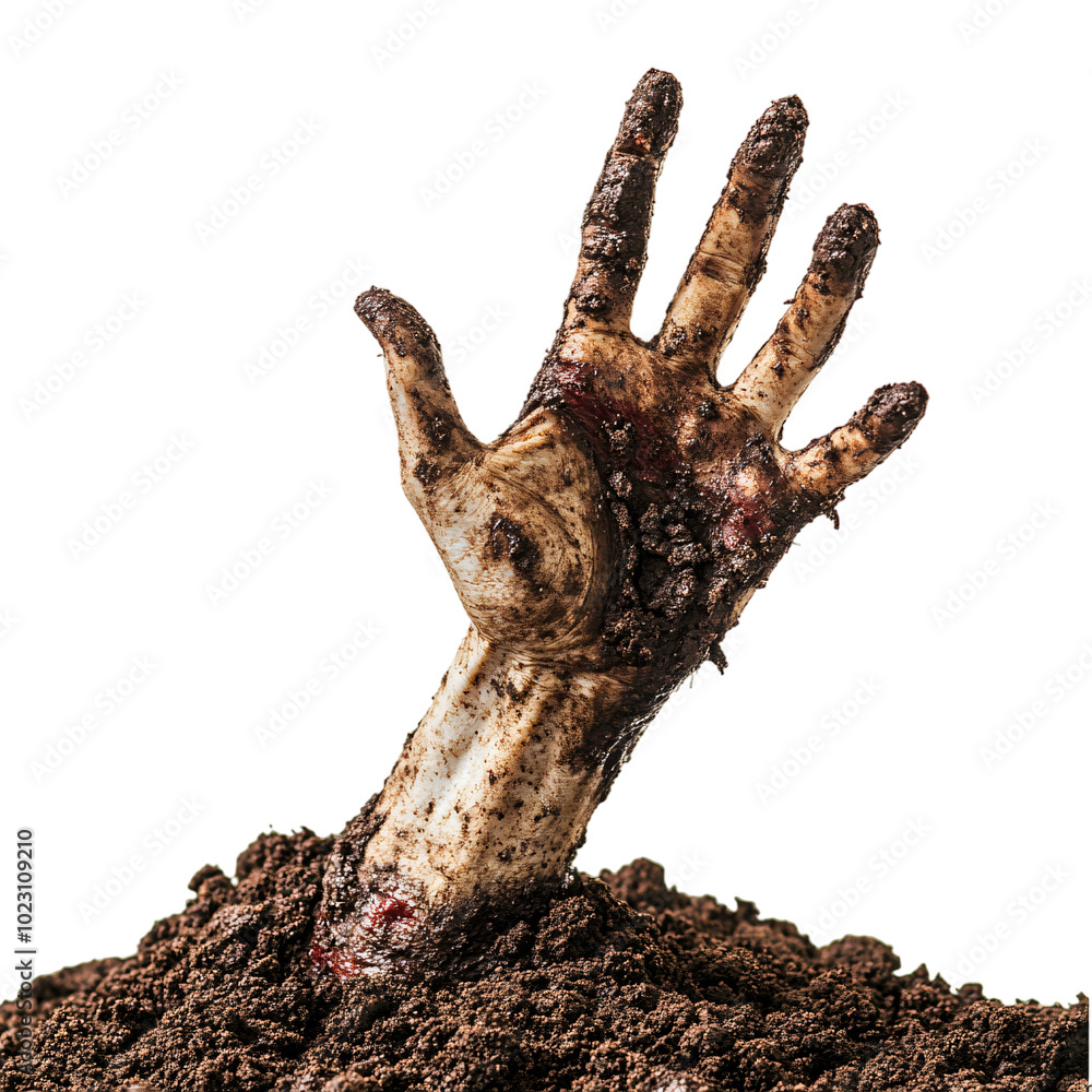 Fototapeta premium A zombie hand reaching out through the soil covered with dirt on an isolated background