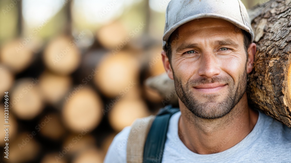 With a friendly smile, a man in casual attire and a cap leans against a log pile, surrounded by cut logs, creating a warm and welcoming atmosphere. With a friendly smile, a man in casual attire and a cap leans against a log pile, surrounded by cut logs, creating a warm and welcoming atmosphere.
