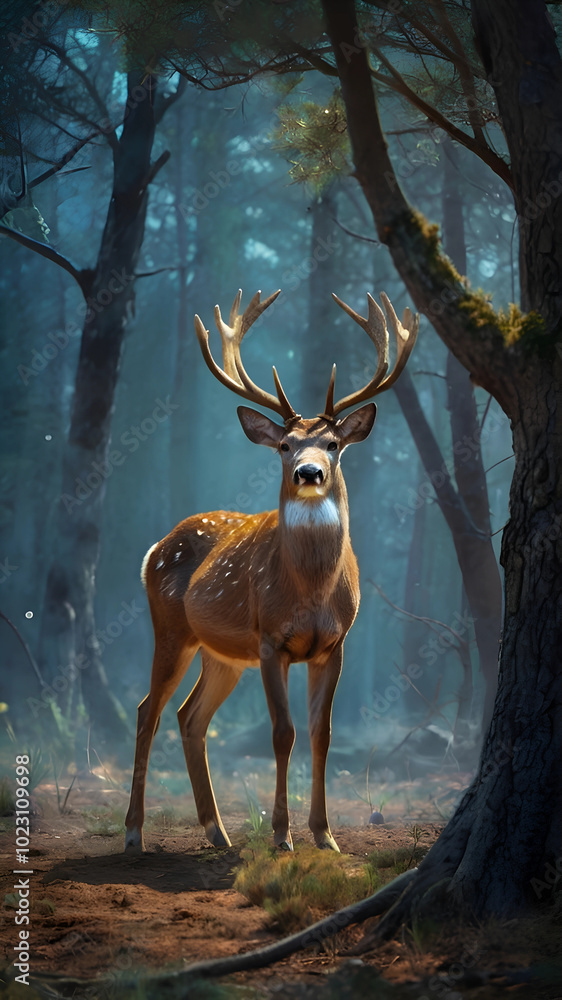 A deer is standing in the woods with a deer head A deer is standing in the woods with a deer head
