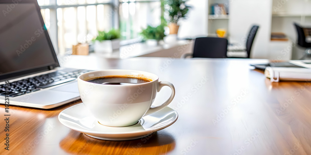 Glossy Coffee Cup on Polished Desk with Marketing Officer's Setup in Background - High Angle Shot for Creative Marketing Environments Glossy Coffee Cup on Polished Desk with Marketing Officer's Setup in Background - High Angle Shot for Creative Marketing Environments