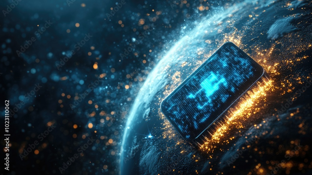 Glowing futuristic smartphone screen projection on Earth in vibrant glowing colors Glowing futuristic smartphone screen projection on Earth in vibrant glowing colors