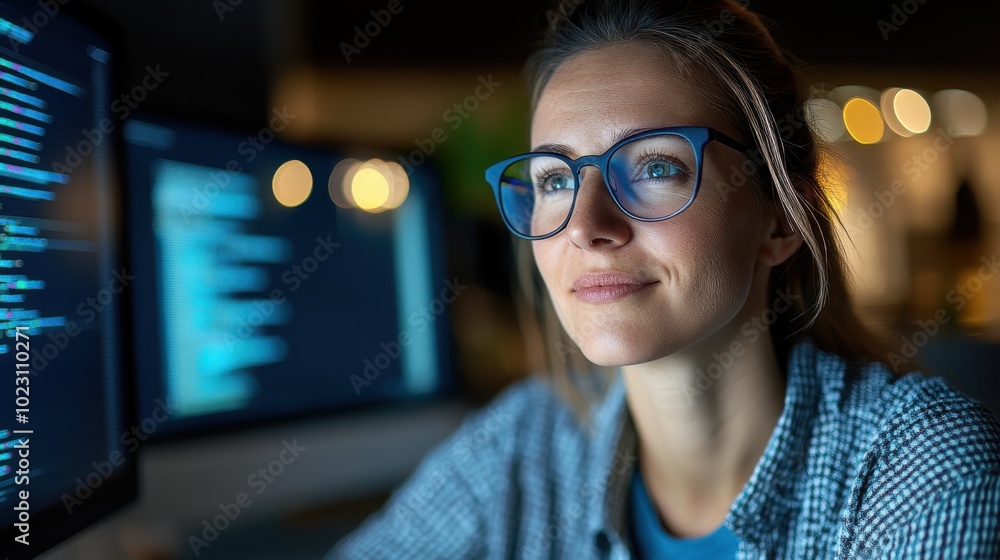 A woman with glasses closely observes a computer screen filled with glowing code, reflecting focus and determination in a modern workspace setting. A woman with glasses closely observes a computer screen filled with glowing code, reflecting focus and determination in a modern workspace setting.